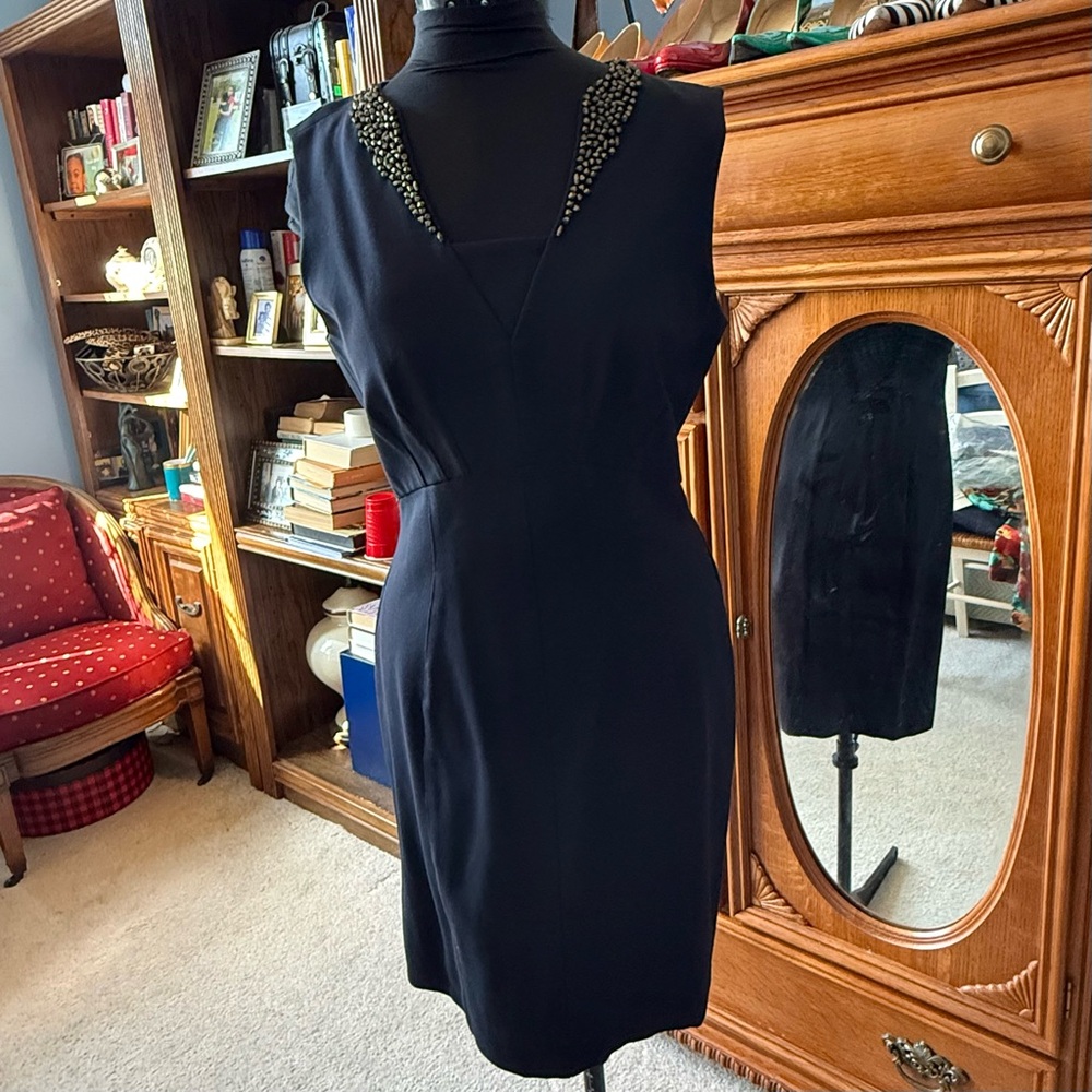 ANTONIO MELANI Navy Sleeveless Beaded-Collar Sheath Dress